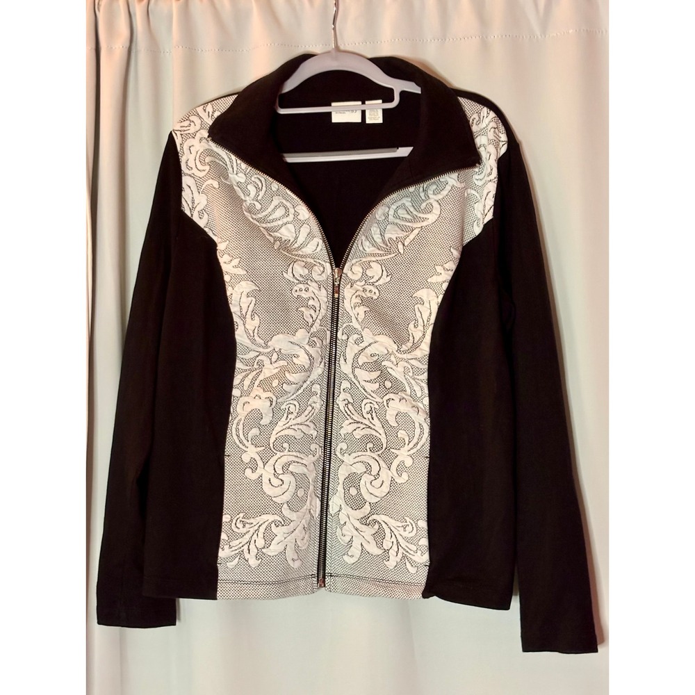 Zenergy by Chico's Black White Embroidered Full Zip Jacket Mock Neck Size 2 L